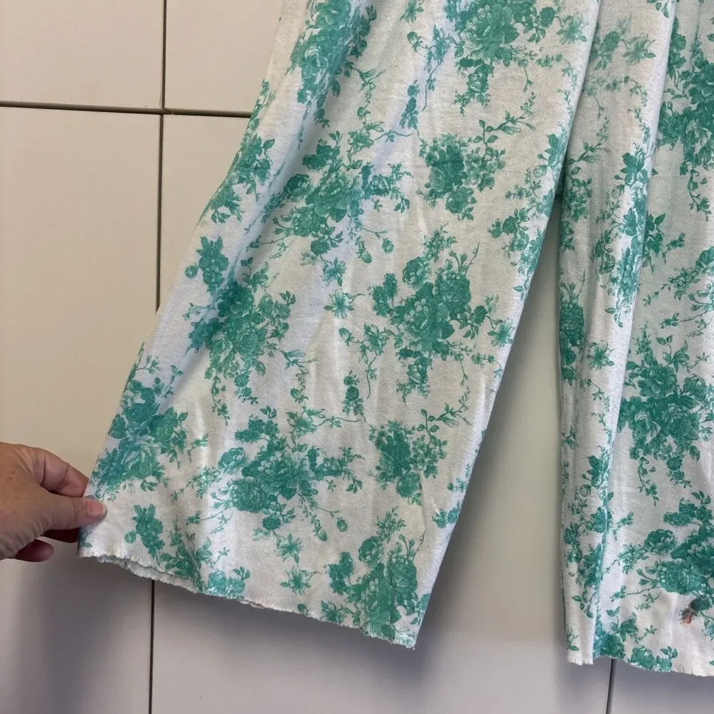 Women Floral Lounge Pajama Pants L Green White Elastic Waist Cotton Blend